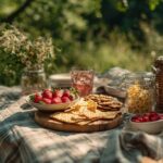 Scène de pique-nique en extérieur avec collations et boissons pour des échanges sur la parentalité