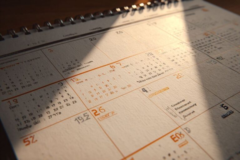 Image d'un calendrier avec des dates marquées pour les paiements et révisions de pension alimentaire.