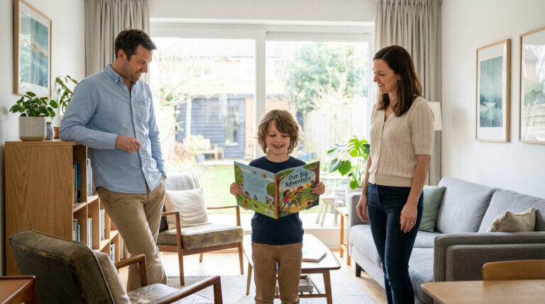 Un jeune garçon lit un livre à ses parents dans un salon chaleureux et lumineux.