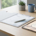 Un bureau avec un dossier, un stylo, une plante, une tasse et une tablette affichant des données financières de divorce.