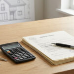 Documents de propriété, calculatrice et clés de maison sur un bureau en bois pour un rachat de part.