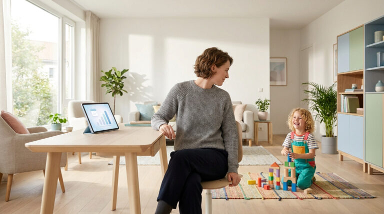 Une femme assise à un bureau regarde son jeune enfant jouer avec des blocs de construction dans un salon lumineux.