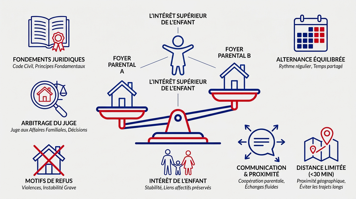 Représentation de la justice veillant sur l'intérêt supérieur de l'enfant lors d'un arbitrage de garde alternée