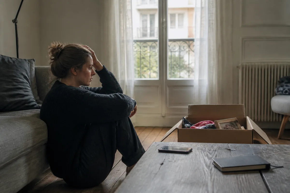 Personne assise dans un salon après une rupture amoureuse, avec une boîte de souvenirs posée à côté d’elle
