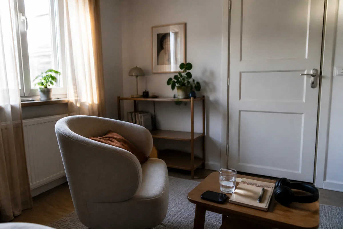 Pièce calme préparée pour une téléconsultation psychologique individuelle pendant une crise de couple