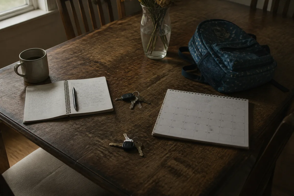 Table familiale avec calendrier, carnet et affaires d’enfant après une séparation
