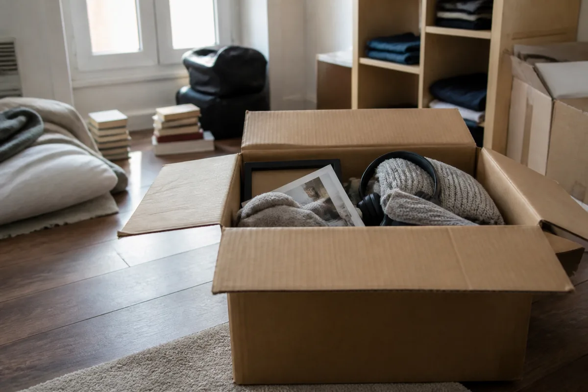 Boîte contenant des souvenirs après une rupture dans un appartement en cours de réorganisation