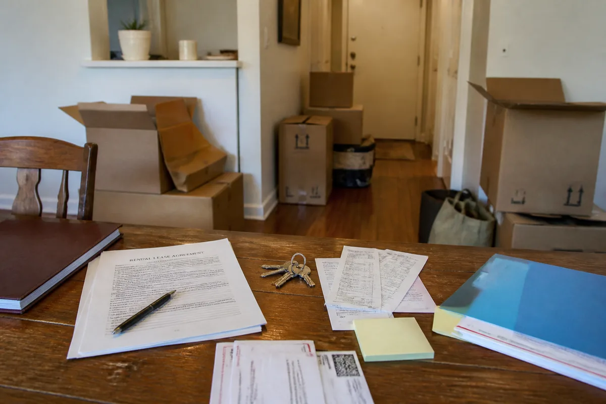 Logement familial préparé pour une séparation de couple avec cartons et documents sur une table