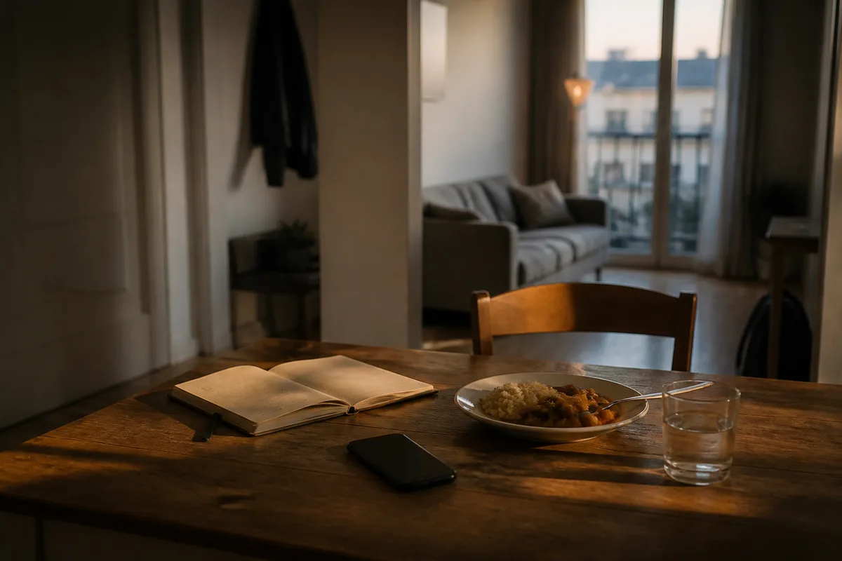 Appartement calme après une rupture, avec repas simple, téléphone retourné et carnet posé sur une table