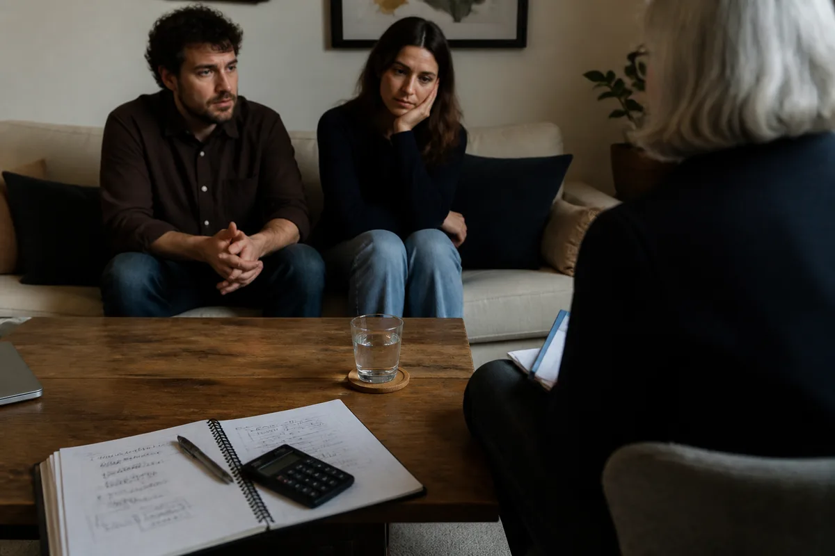 Couple assis dans un cabinet de consultation avec un carnet de budget sur une table