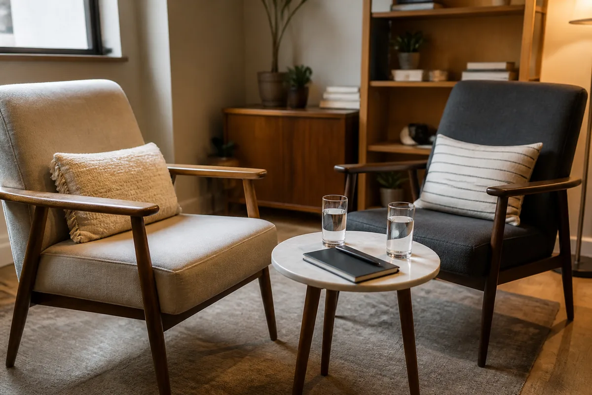 Cabinet de thérapie de couple avec deux fauteuils et un carnet de notes